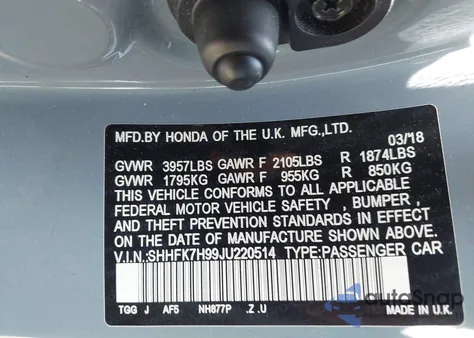 2018 Honda Civic Sport Touring from USA, damaged, VIN SHHFK7H99JU220514